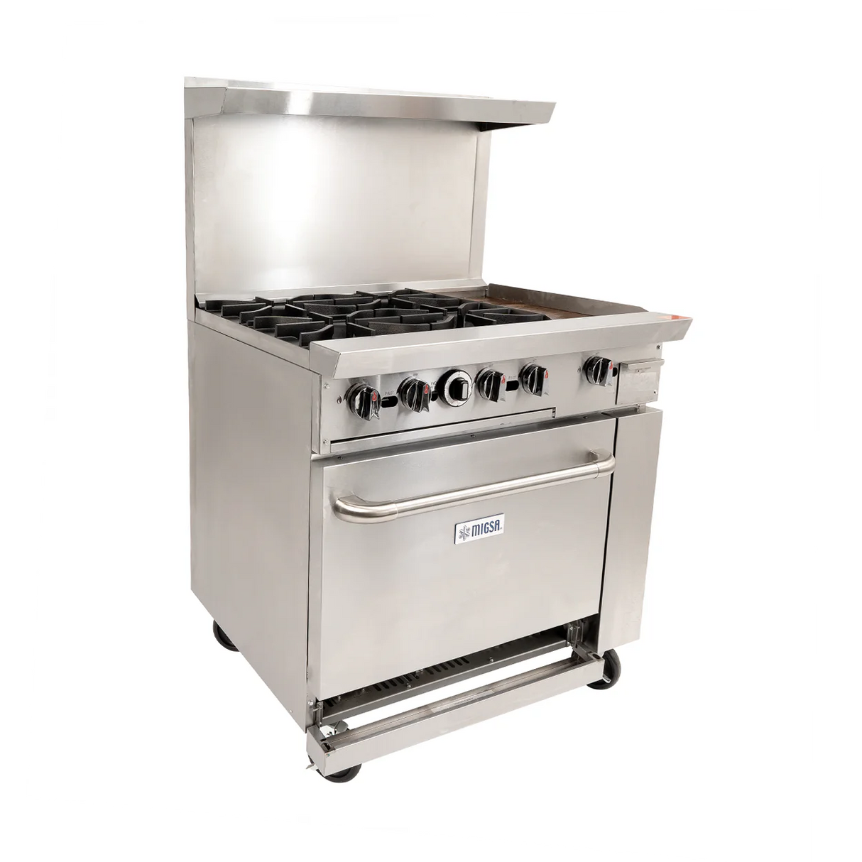 ESTUFA COMERCIAL A GAS DE 6 QUEMADORES Y HORNO CON RESPALDO